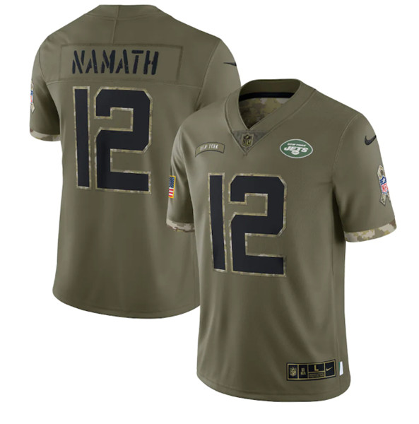 Men's New York Jets #12 Joe Namath 2022 Olive Salute To Service Limited Stitched Jersey